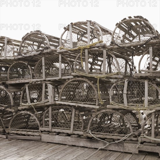 Lobster traps on dock in Maine.