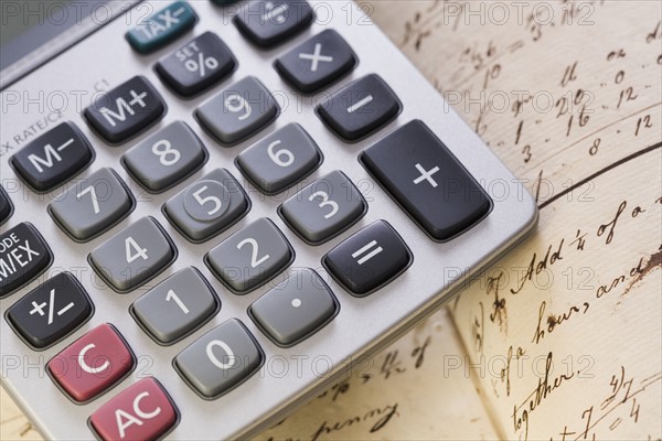 Still life of calculator and old math book.