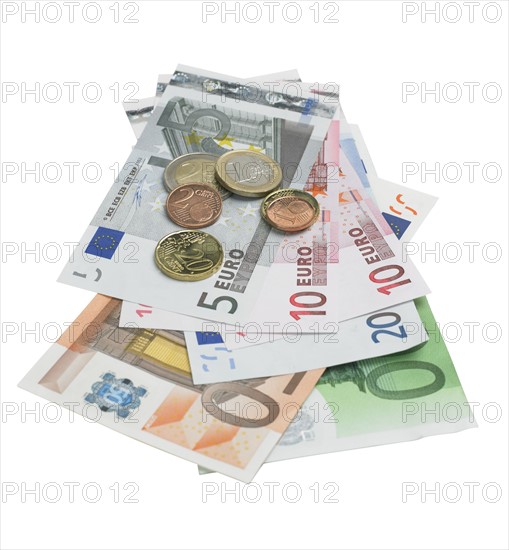 Still life of Euro coins and bills.