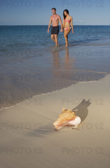 Couple walking the beach.