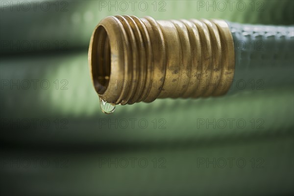 Closeup of wound up garden hose.