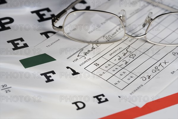 Still life of eye chart and glasses.