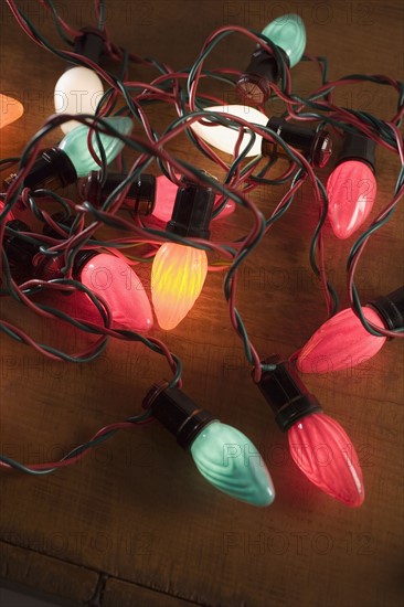 Still life of a string of Christmas lights.