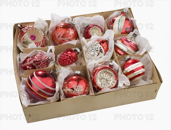 Box of Christmas ornaments.