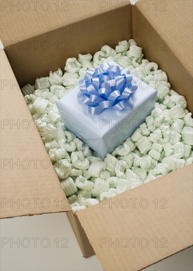 Still life of box of Styrofoam with gift.