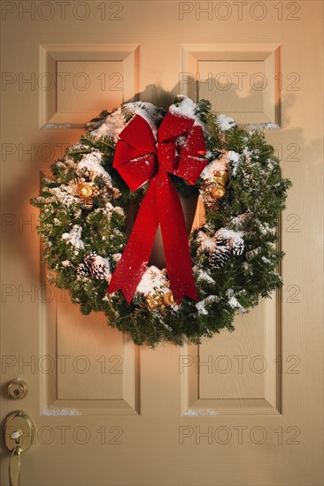 Still life of Christmas wreath on door.