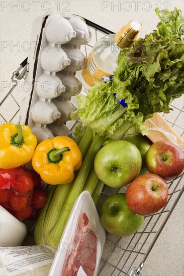 Overhead view of groceries in basket.