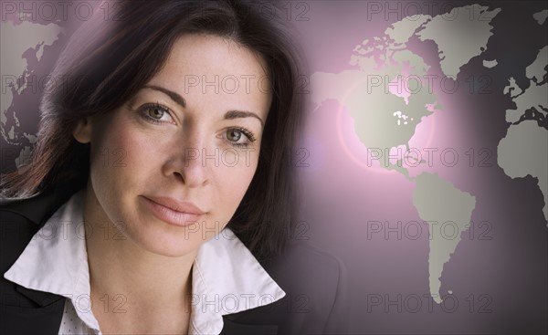 Portrait of woman and flat map of world.