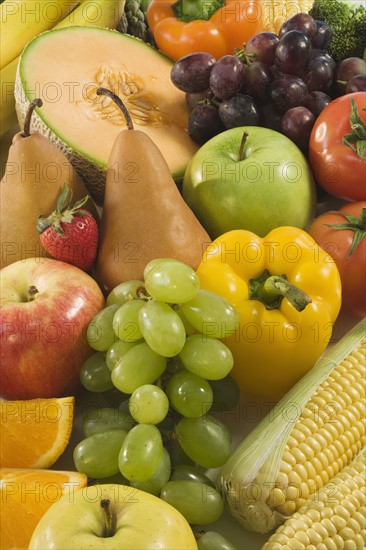 Close up of fresh fruits and vegetables.