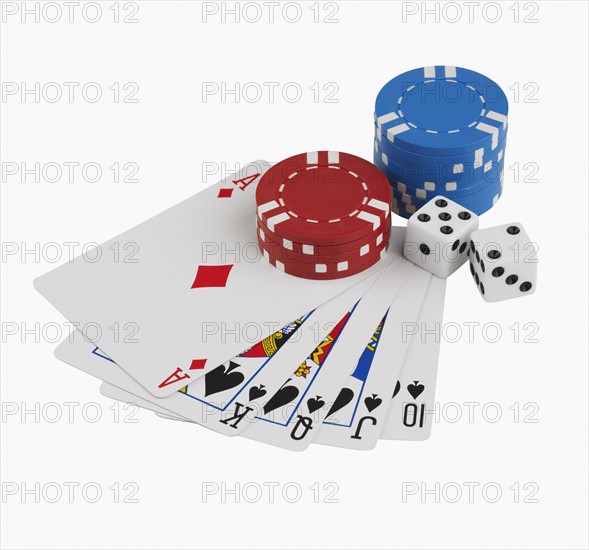 Studio shot of playing cards and poker chips.