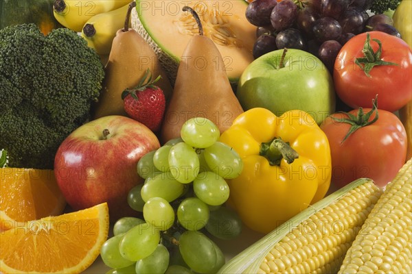 Close up of fresh fruits and vegetables.