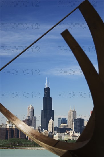 Adler Planetarium sundial and city skyline Chicago Illinois USA.