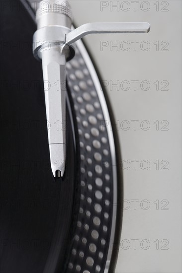 Closeup of a turntable and record.