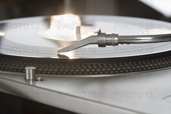 Closeup of a turntable and record.