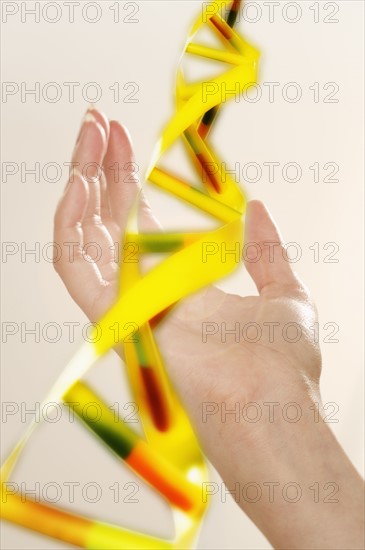 Hand holding DNA model.