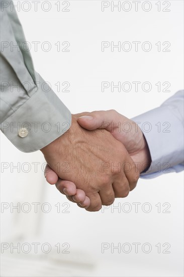 Men in shirtsleeves shaking hands.