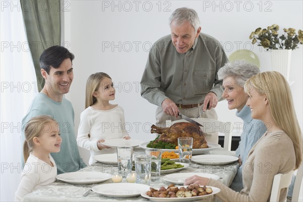 Family eating at Thanksgiving table.