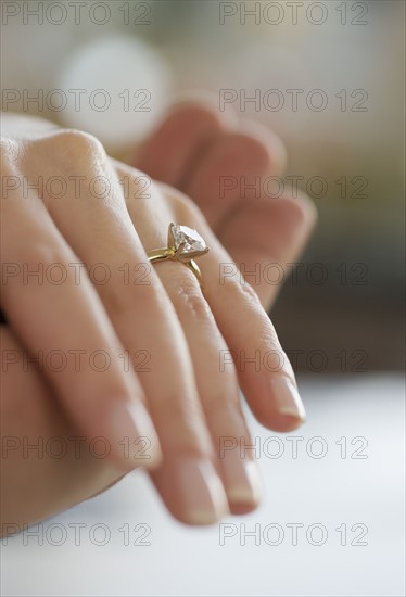 Close up of diamond engagement ring.