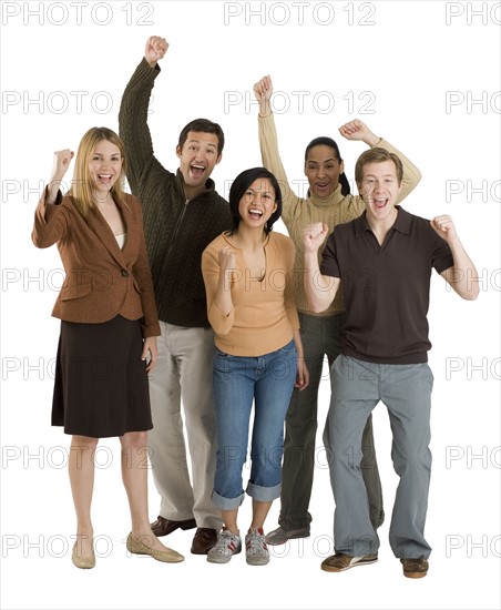 Multi-ethnic friends cheering.