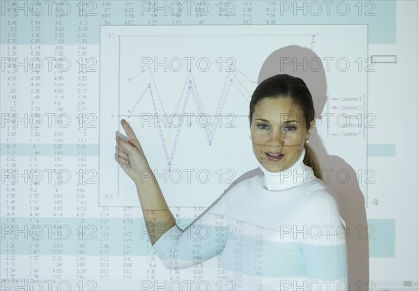 Businesswoman pointing at projected graph.