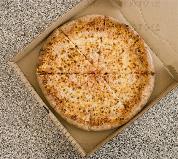 High angle view of pizza in box.