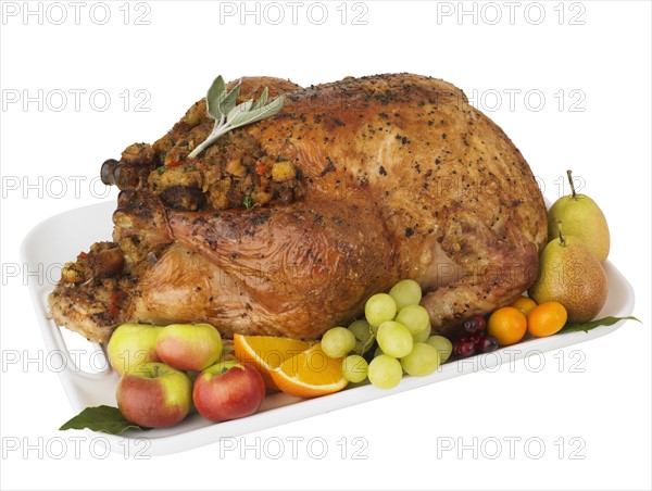 Roasted turkey and fruit on platter.