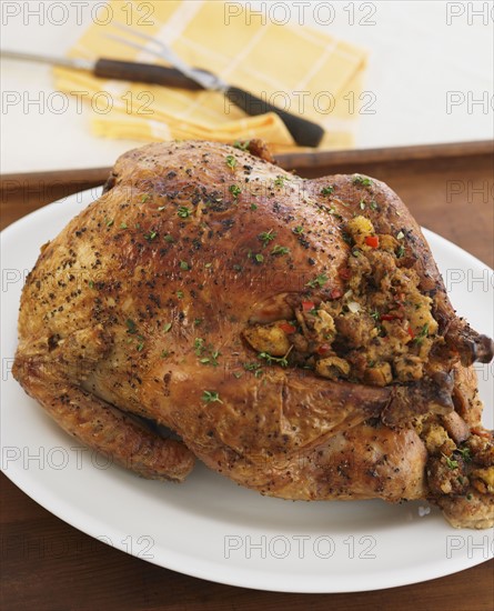 Close up of Thanksgiving turkey on table.