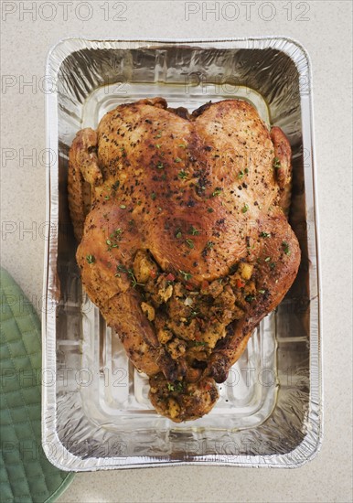 High angle view of Thanksgiving turkey in pan.