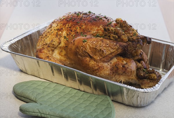 Close up of Thanksgiving turkey in pan.