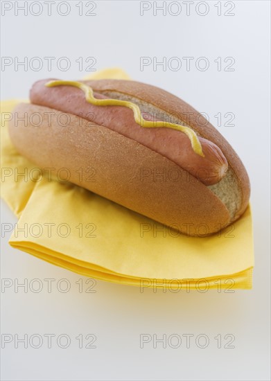 Close up of hot dog in bun.