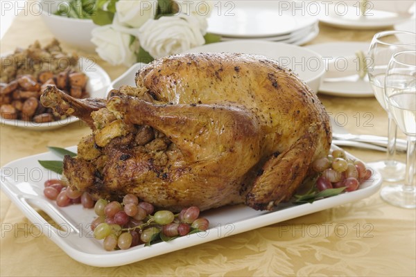 Thanksgiving turkey on table.