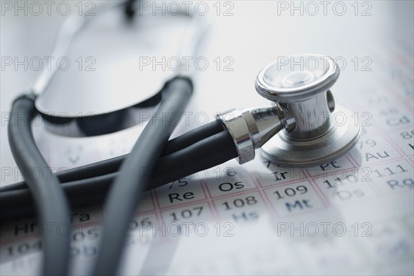 Close up of stethoscope on periodic chart.