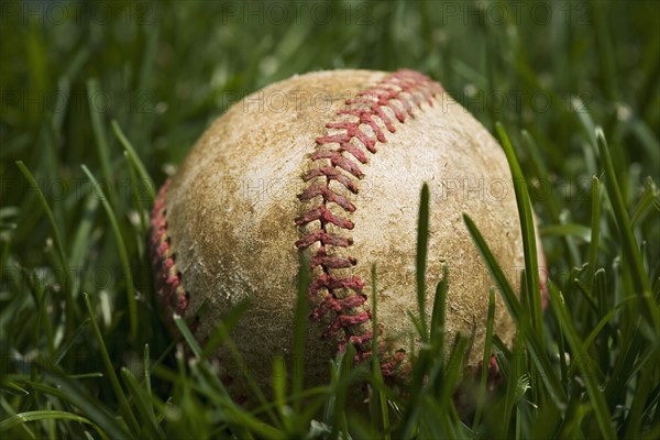 Close up of baseball in grass.