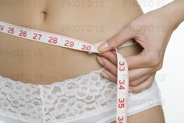 Close up of woman in underwear measuring waist.