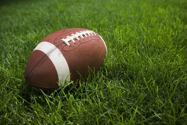 Close up of football in grass.