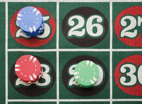 Close up of bets on roulette table.