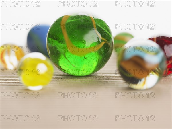 Close up of assorted marbles.