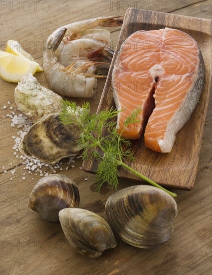 Assorted seafood on table.