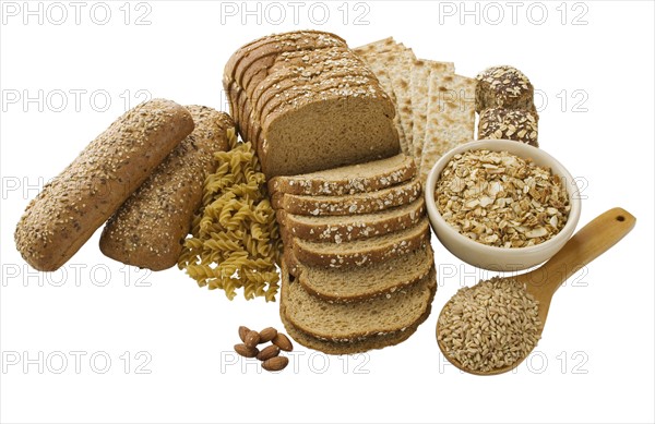 Close up of assorted grains and bread.