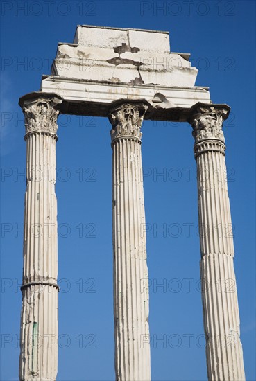 Low angle view of Corinthian columns, Temple of Castor and Pollux, Roman Forum, Italy.