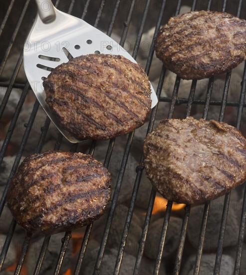 Hamburgers cooking on grill.