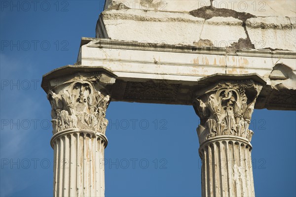 Low angle view of Corinthian columns, Temple of Castor and Pollux, Roman Forum, Italy.