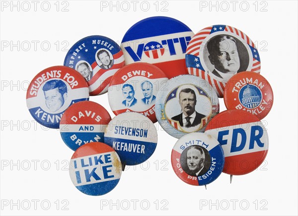 Close up of assorted presidential election pins.