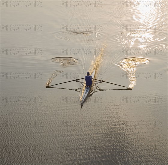 High angle view of person sculling.