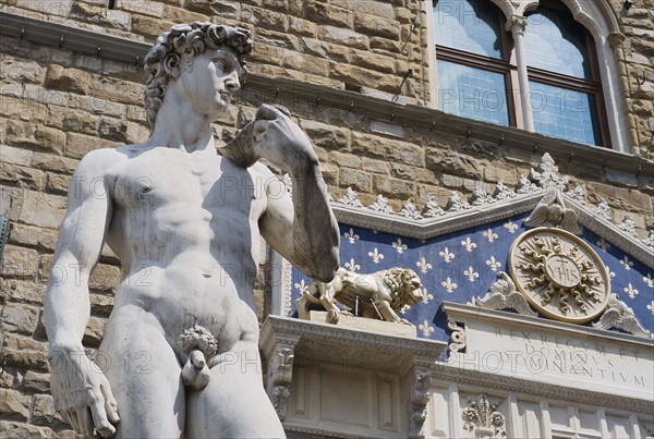 Low angle view of Michelangelo’s David, Italy.