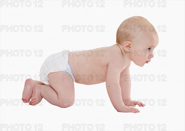 Studio shot of baby crawling.