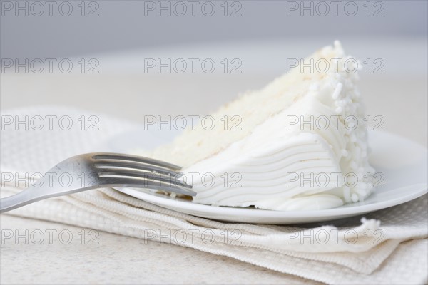 Closeup of slice of white cake. Date : 2006