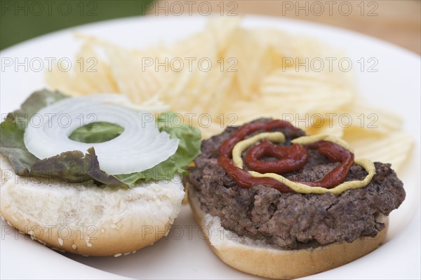 Closeup of a hamburger on a plate. Date : 2006
