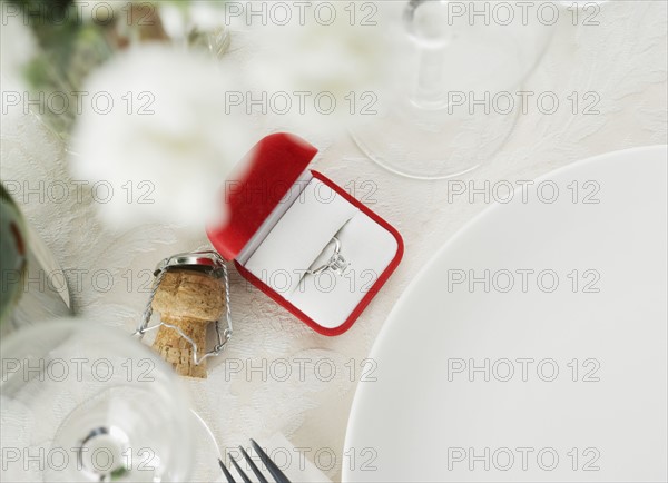 Still life of table setting and engagement ring. Date : 2006