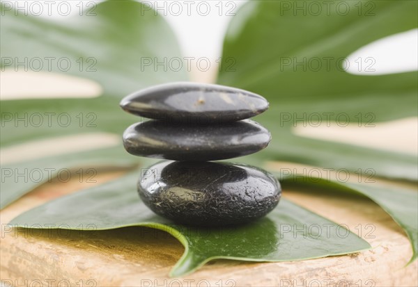 Close up of stack of stones on leaf. Date : 2006